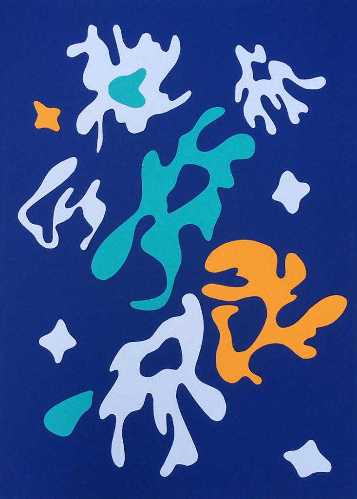 A vibrant abstract artwork featuring colorful organic shapes in white, turquoise, and orange against a deep blue background.