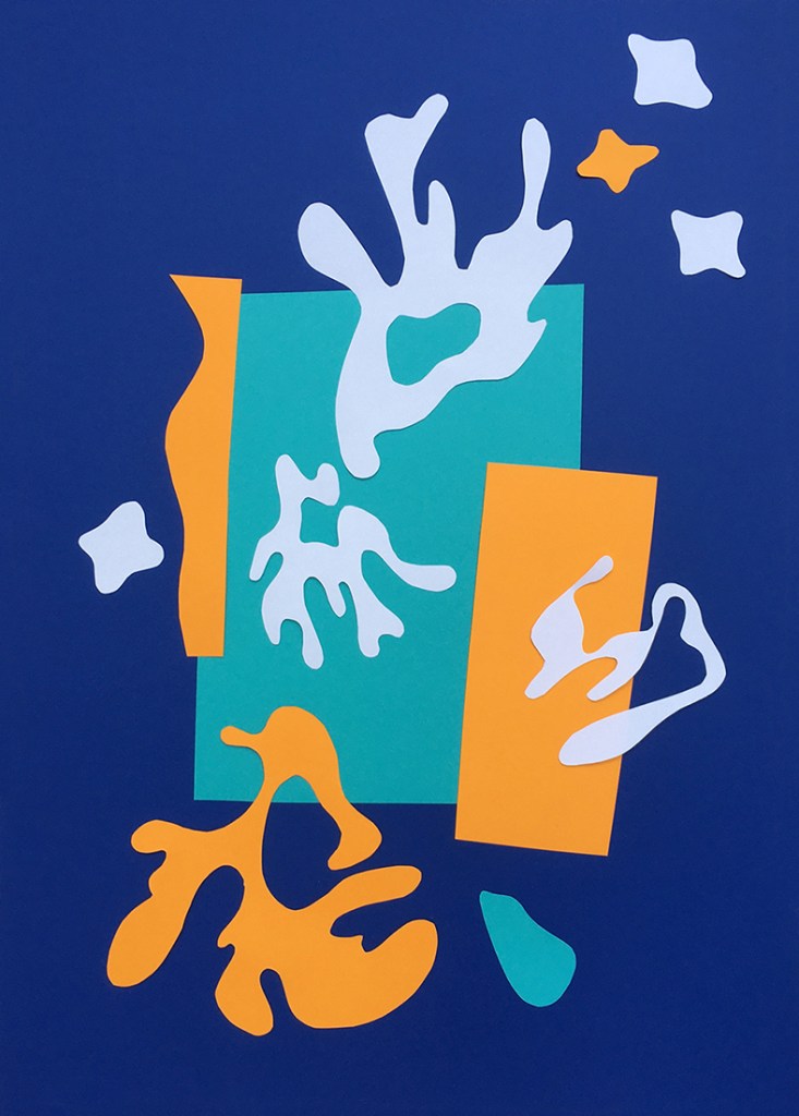 An abstract collage featuring colorful, organic shapes resembling marine life, set against a deep blue background.