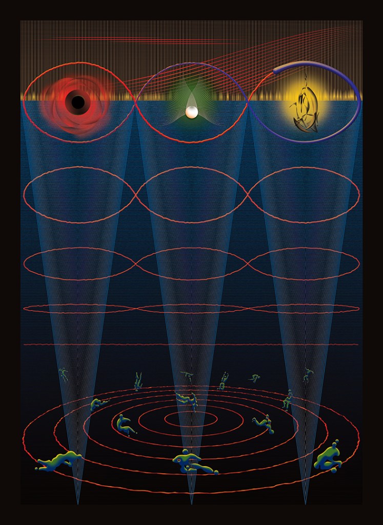 A digital artwork depicting a cosmic theme, featuring a black hole, light source, and elemental shapes radiating waves in concentric circles, with abstract figures in various poses within the spiral design.