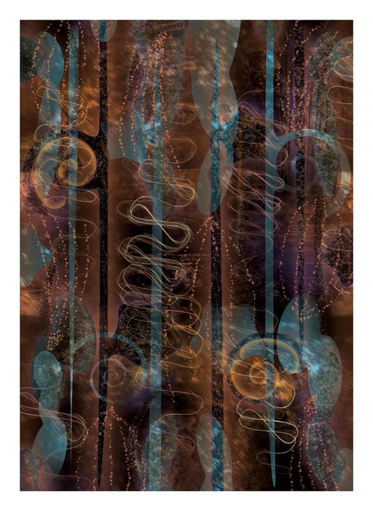 An abstract digital artwork featuring intricate patterns and swirling shapes in shades of blue, brown, and gold, inspired by the forms of foraminifera.