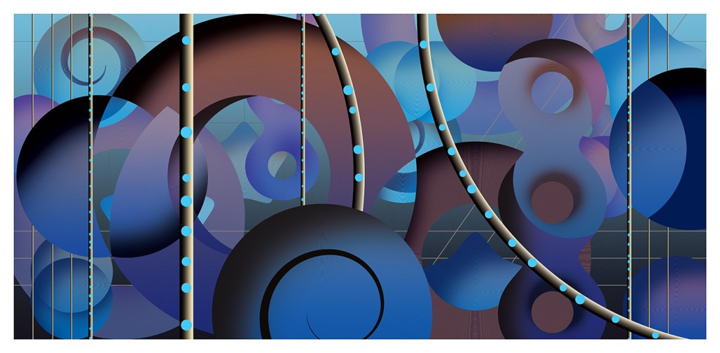 An abstract digital artwork featuring a composition of various overlapping circles and curves in shades of blue and brown, with a grid-like background and textured surfaces.