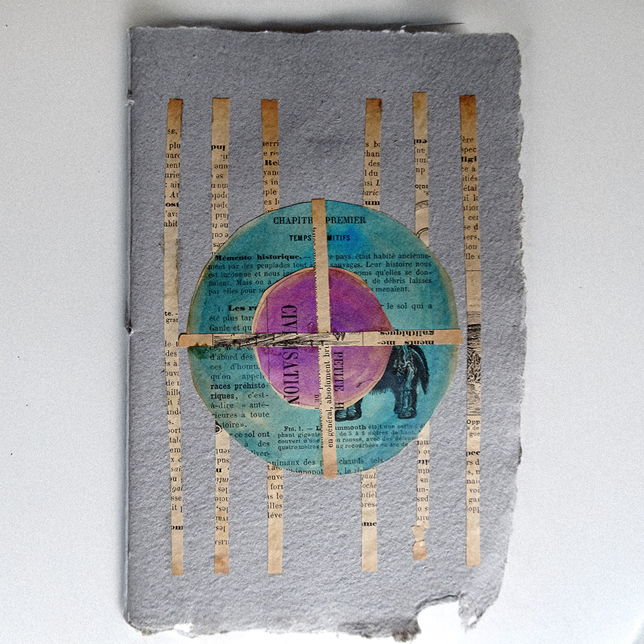 A mixed media artwork featuring layered strips of paper over a colored circular center, set against a textured gray background.