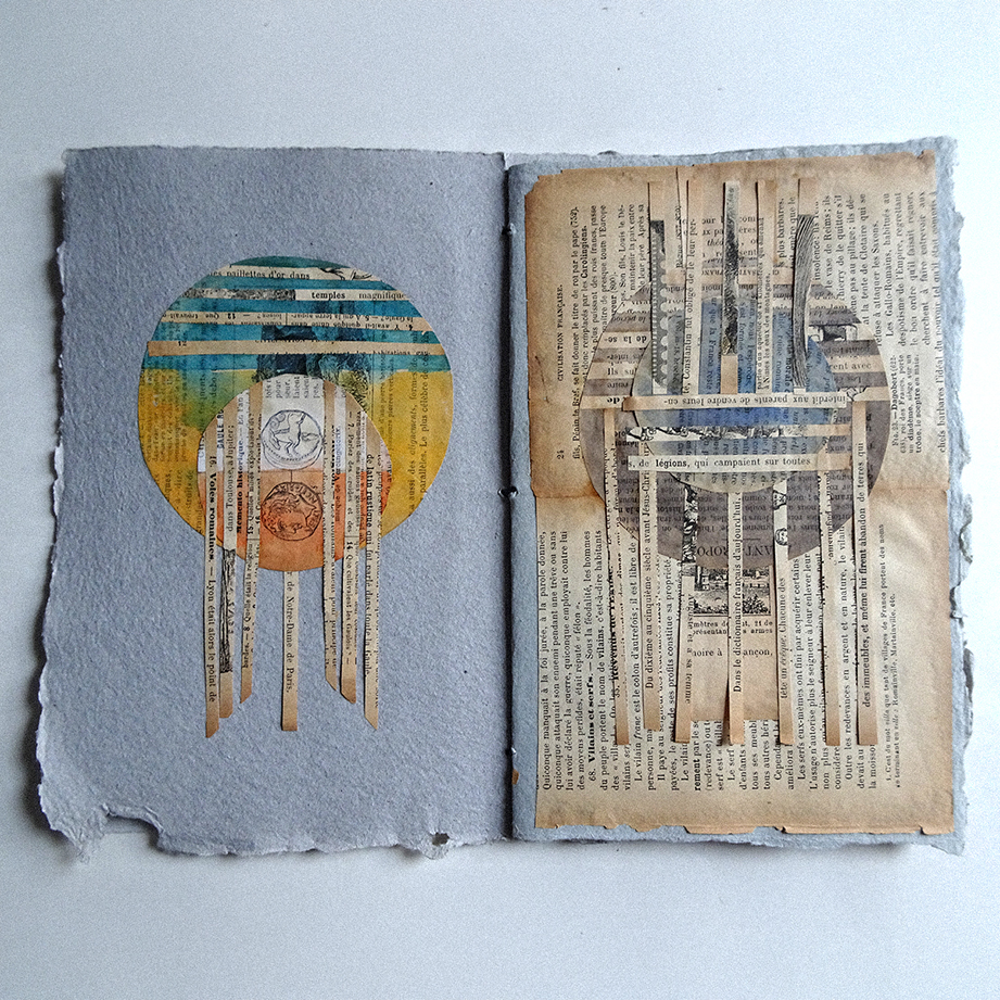 A two-page spread featuring collage artworks using various overlapping paper strips, including colors like blue and orange, along with printed text pages. The designs create abstract shapes and forms, resembling both circles and vertical lines.