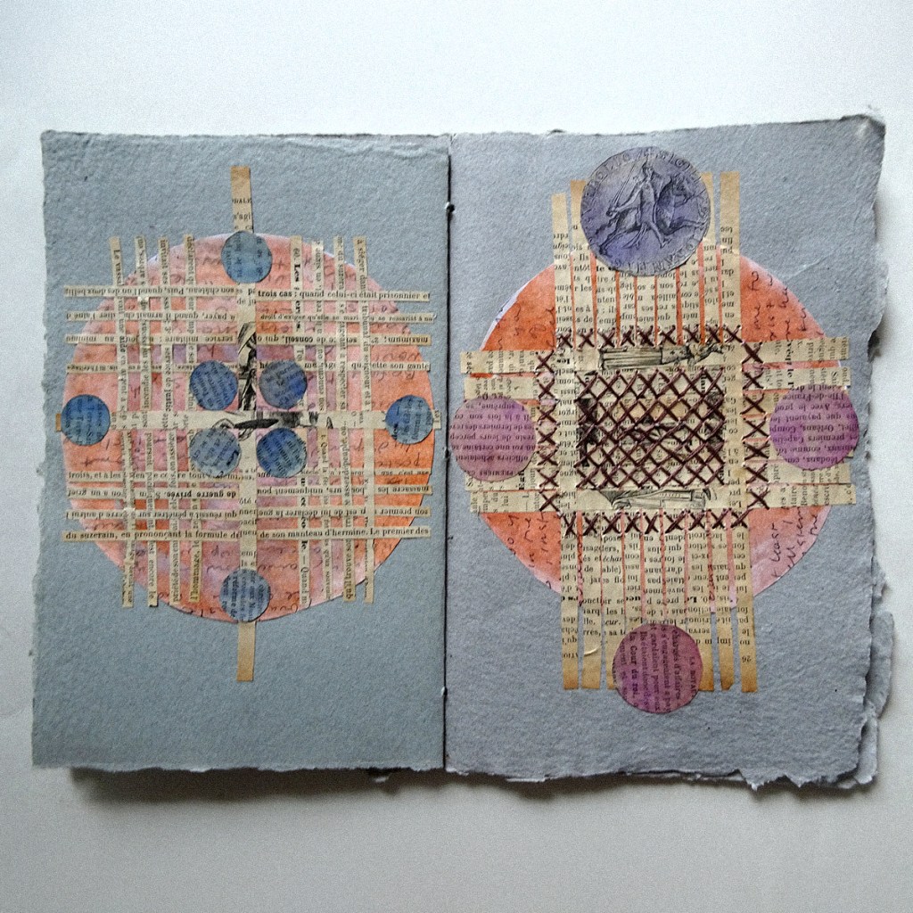 Mixed media artwork featuring layered collages made from colored papers, circular shapes, and stitched elements on textured paper.