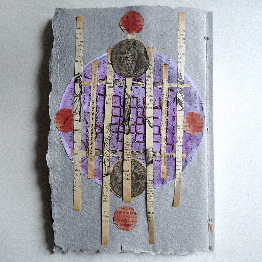 A mixed media artwork featuring circular forms and vertical strips of paper, with a blend of colors including purple and red, set on textured gray paper. The piece incorporates images and text elements, creating a layered effect.