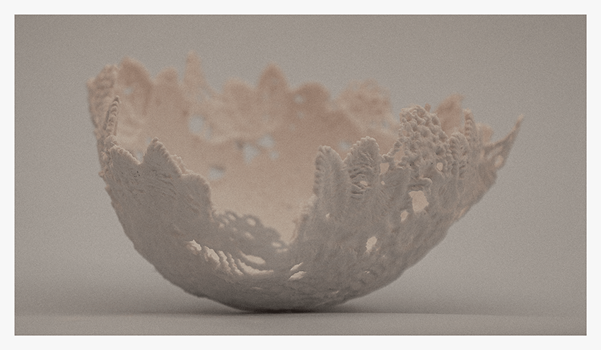 A delicate, lace-like bowl made from fabric doilies soaked in glue, resembling the intricate structure of foraminifera.