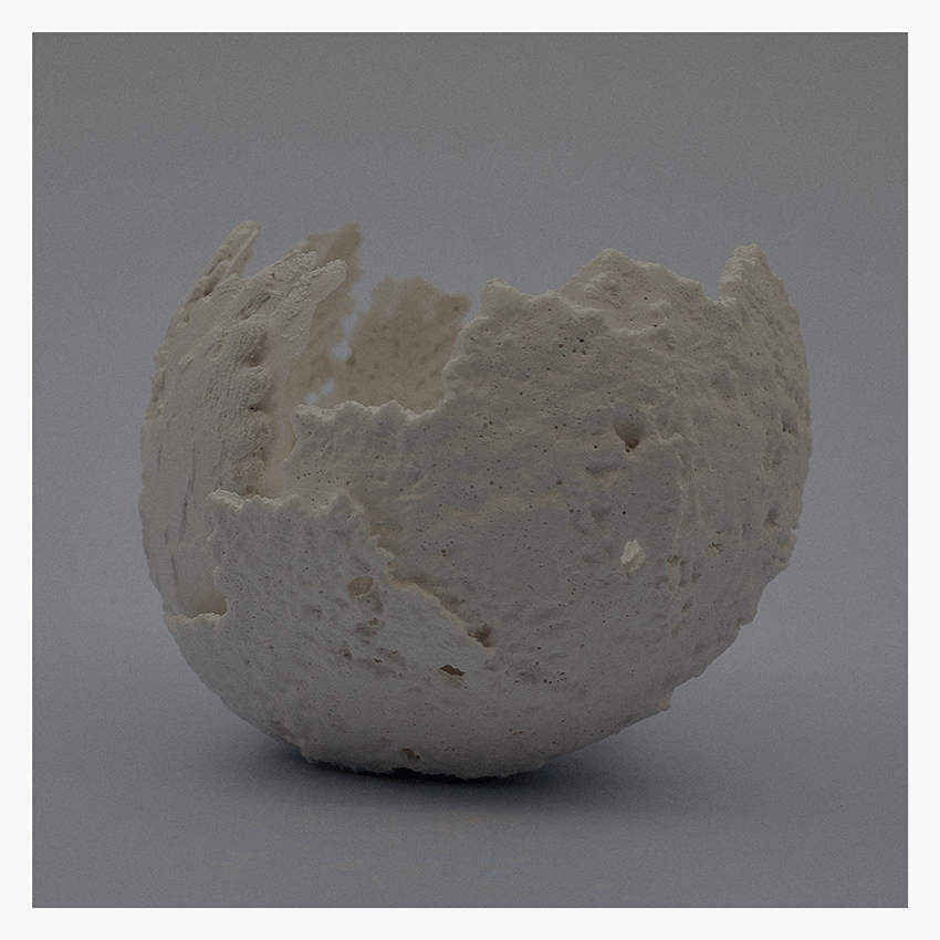 A textured, spherical object resembling a calcified artifact, partially open, with a rough surface and irregular edges, set against a gray background.