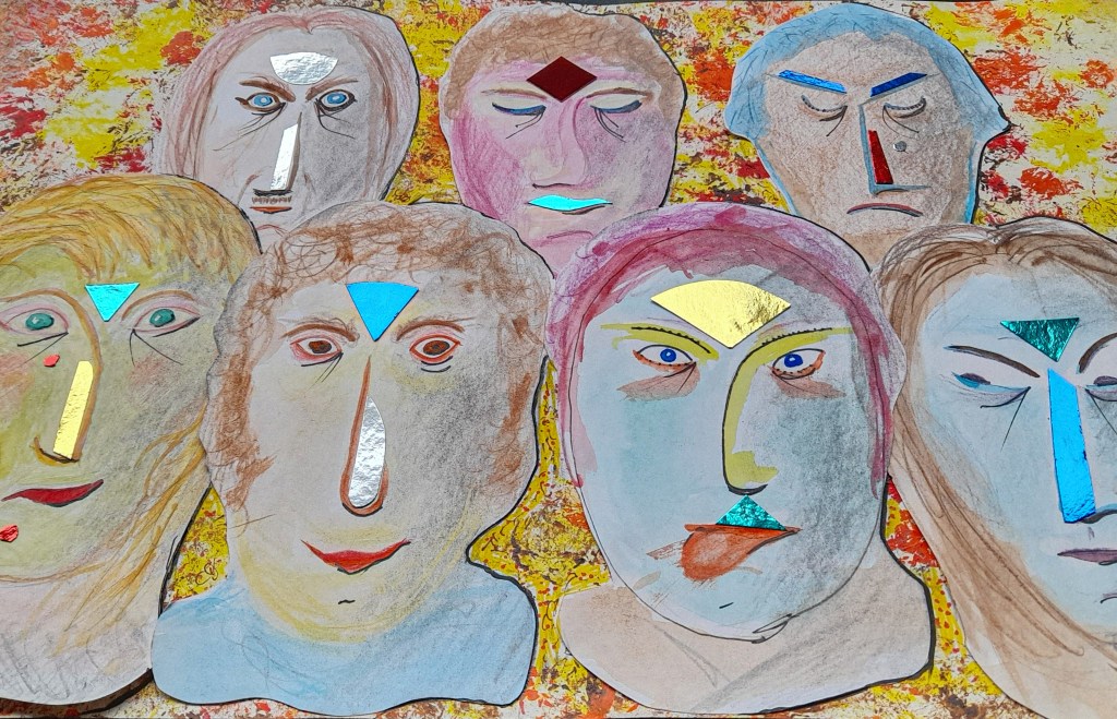 A collage of artistic representations of faces, featuring a variety of colors and geometric shapes with metallic accents, set against a vibrant background.