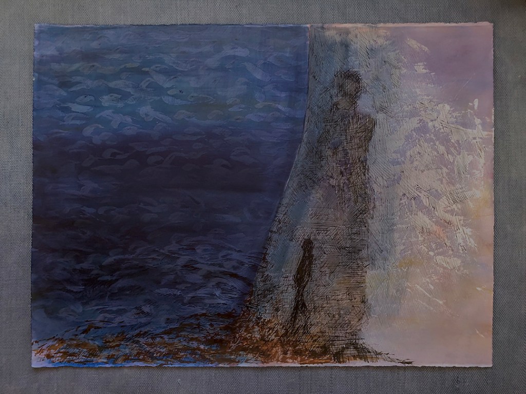 A painting depicting a figure standing beside a textured surface that casts a shadow, with a contrasting color gradient in the background showcasing shades of blue and purple.