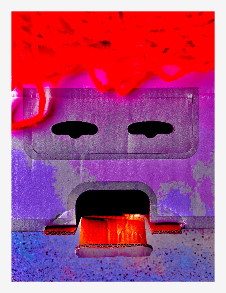 An abstract artwork featuring a box with a face-like design, highlighted with red yarn resembling hair and a vivid purple background.