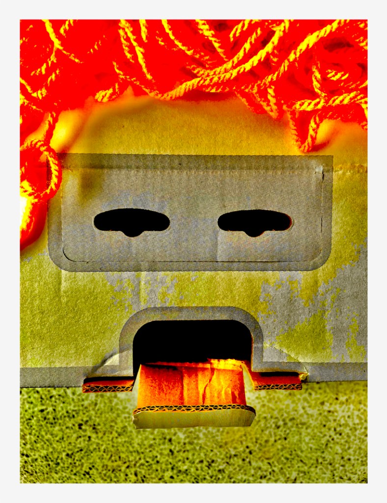 An artistic composition featuring a cardboard box with a face-like design, surrounded by vibrant orange ropes, creating a playful and abstract visual effect.