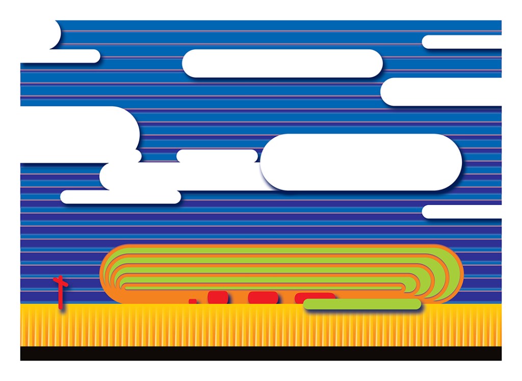 A colorful abstract landscape featuring bold horizontal stripes in blue, green, and yellow, with stylized clouds and a red accent.