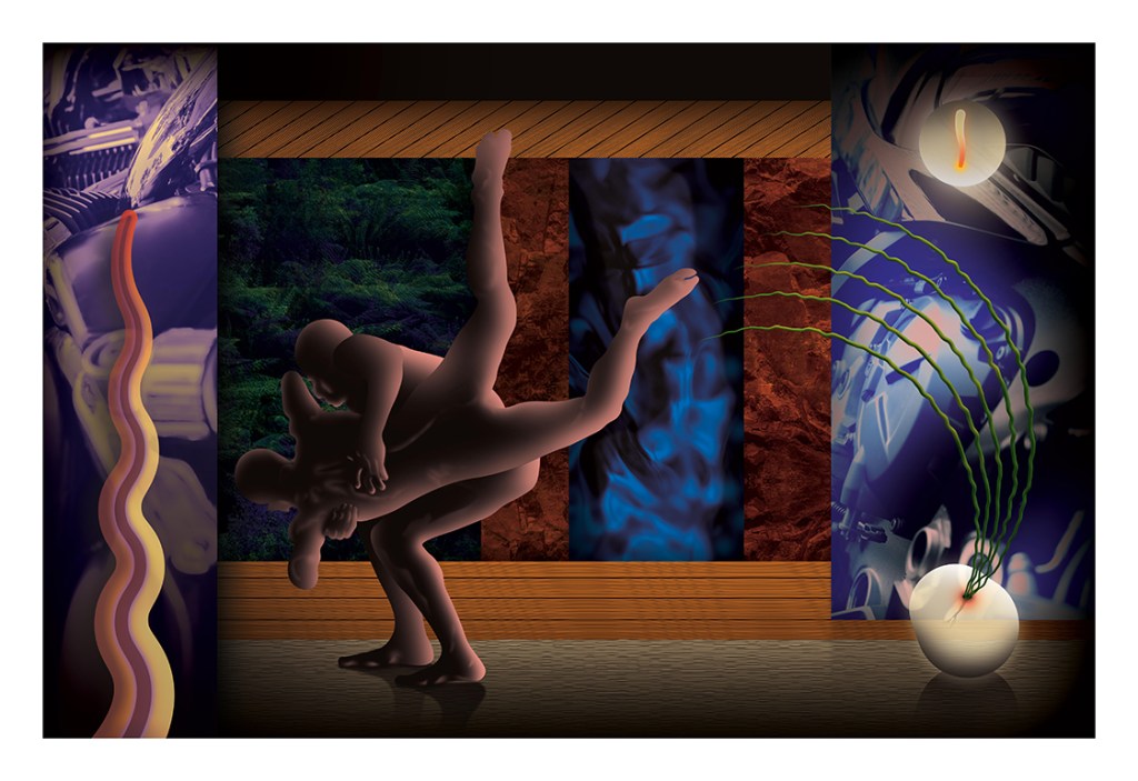 An abstract digital artwork featuring two intertwined figures in a dynamic pose, set against a colorful background with vivid textures and patterns.