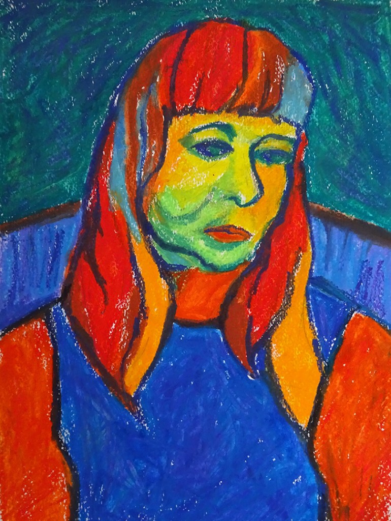 A vibrant, expressionist portrait of a girl with green skin and red hair, wearing a blue outfit, set against a colorful background.