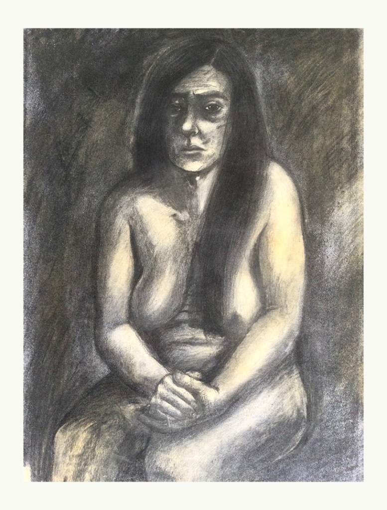 A monochrome charcoal drawing of a woman sitting with her hands clasped, gazing thoughtfully.