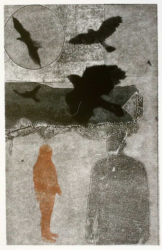 An abstract artwork featuring silhouettes of two figures against a textured background, with birds and clouds incorporated into the scene.