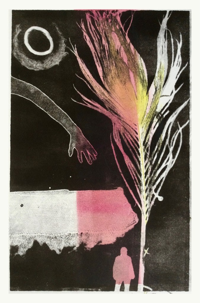 An abstract artwork featuring a silhouette of a person beside a colorful, stylized plant, with a moon shape in the background and various textures in black, pink, and yellow.