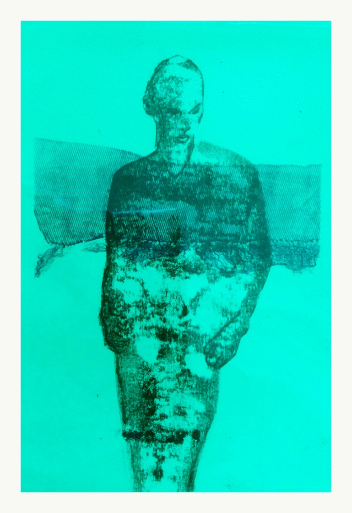 An abstract figure with a striking turquoise background, featuring a stylized, monochromatic depiction of a person holding something in front of them.