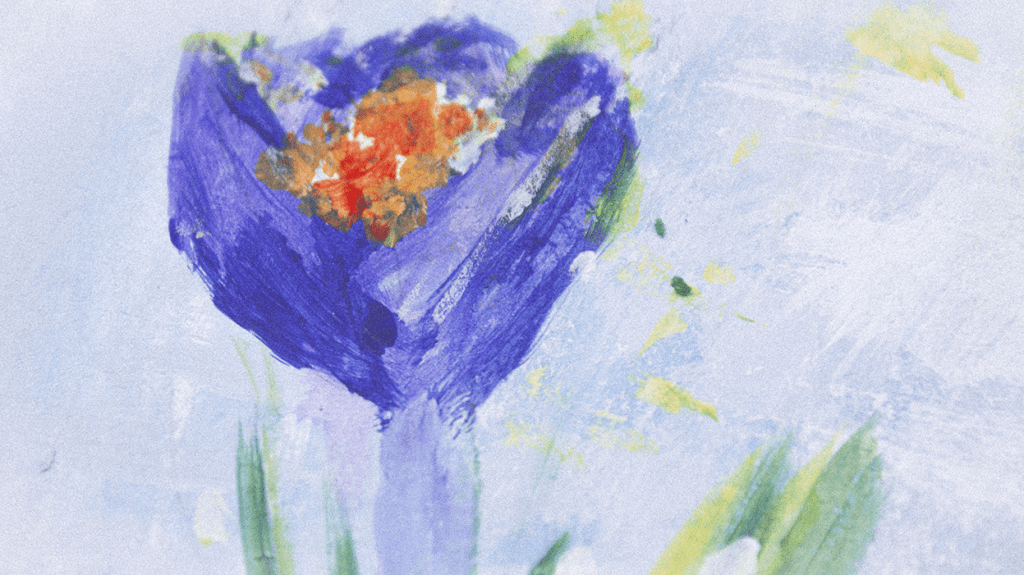 Close-up of a purple flower painted with broad brush strokes, featuring an orange center against a textured light blue background.