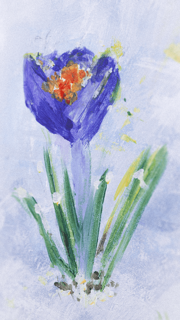 A painted depiction of a purple flower with orange and yellow details, surrounded by green leaves, set against a light blue background.