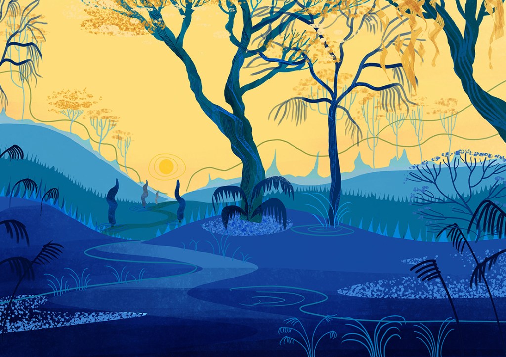 A vibrant, stylized landscape featuring blue hills and a winding river. Silhouetted trees with golden leaves and a pale sun rising in a yellow sky create a serene, artistic scene.