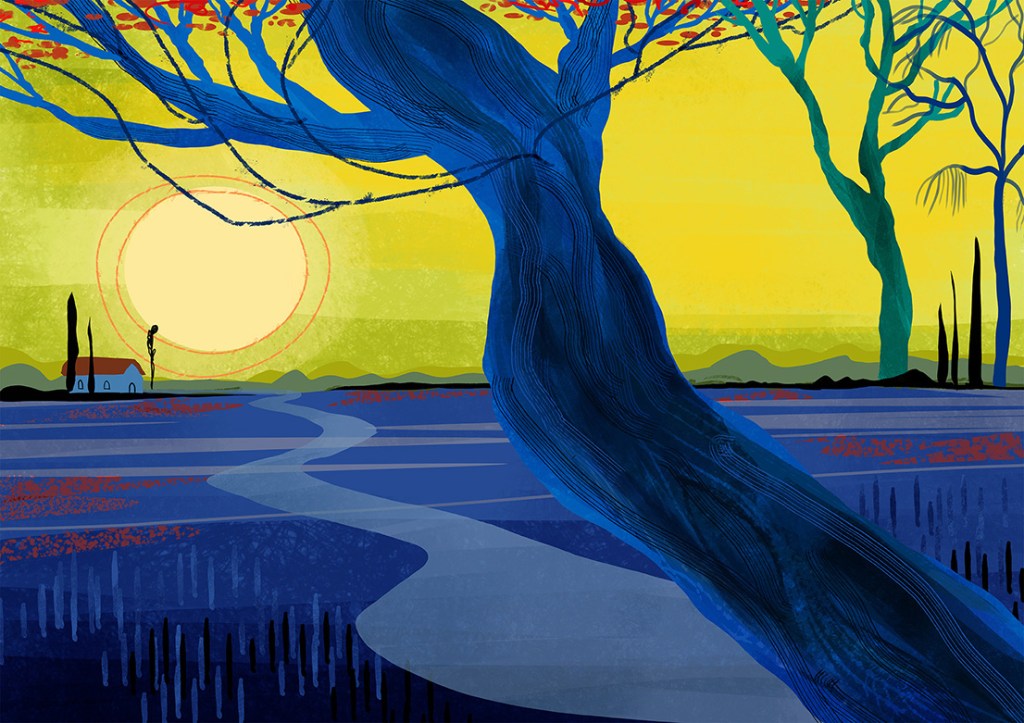 A vibrant landscape featuring a winding river, a small white house, and silhouetted trees against a yellow sunset sky.